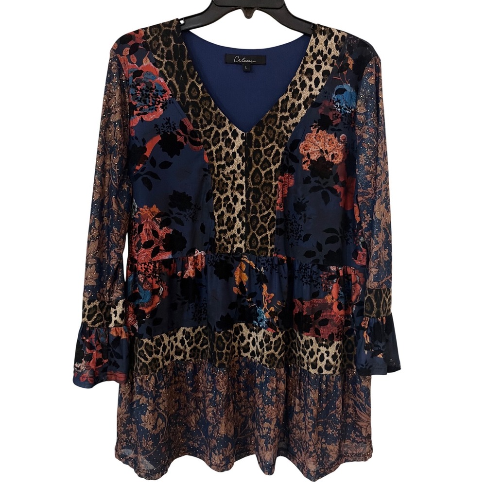 Caleaaa Women Leopard Floral Tiered Tunic Top Navy Blue Ruffle Bell Sleeve L
